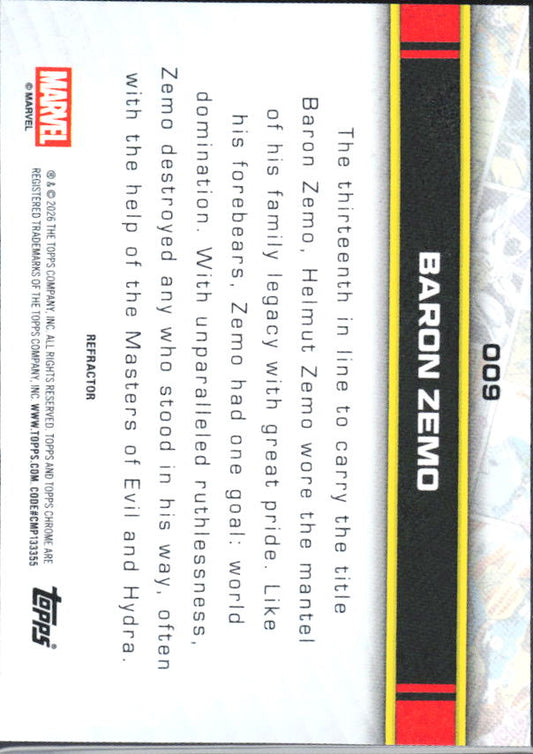 2026 Topps Chrome Marvel Comics #009 Baron Zemo Refractor – baksida