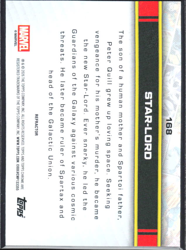 2026 Topps Chrome Marvel Comics #168 Star-Lord Refractor – baksida