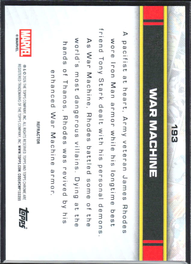 2026 Topps Chrome Marvel Comics #193 War Machine Refractor – baksida