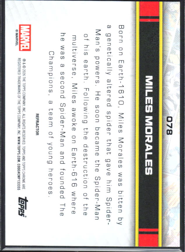 2026 Topps Chrome Marvel Comics #078 Miles Morales Refractor – baksida