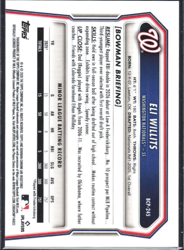 2026 Bowman Chrome #BCP-245 Eli Willits Gold Wave Refractor /50 – baksida