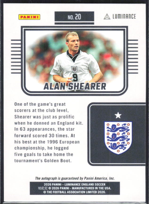 2026 Panini Luminance England #20 Alan Shearer Autograph – baksida
