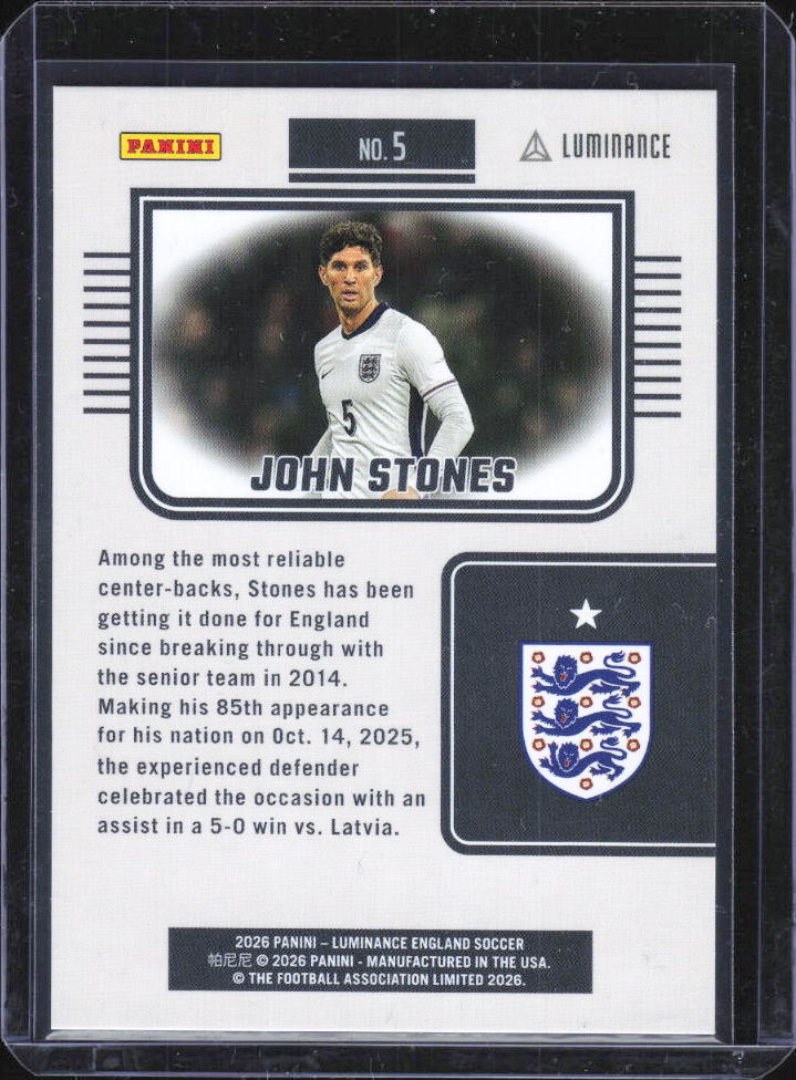 2026 Panini Luminance England #5 John Stones Black 1/2 – baksida