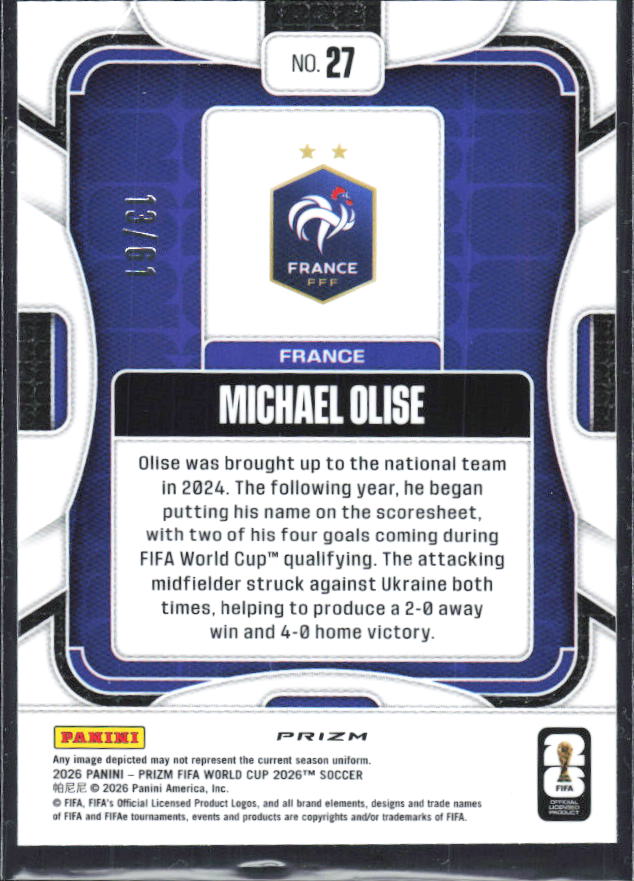 2026 Panini Prizm FIFA World Cup #27 Michael Olise Panini Logo Prizm 13/61 – baksida