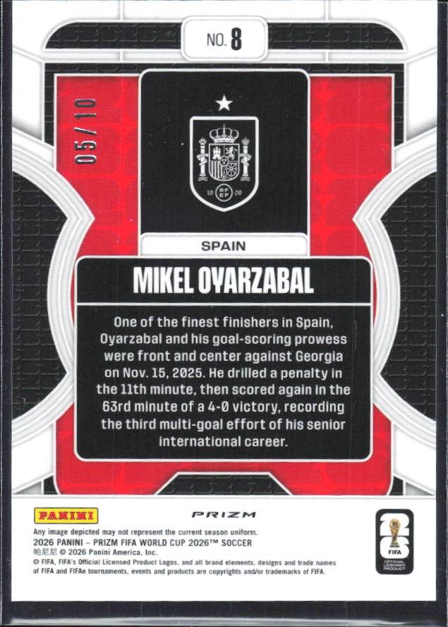 2026 Panini Prizm FIFA World Cup #8 Mikel Oyarzabal Phenomenon Gold Prizm 05/10 – baksida