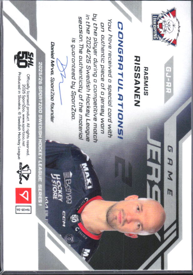 2025-26 SportZoo SHL Series 1 #GJ-RR Rasmus Rissanen Game Jersey 45/50 – baksida