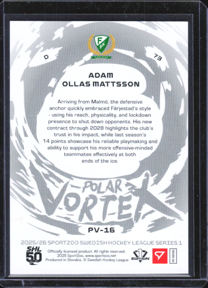 2025-26 SportZoo SHL Series 1 #PV-16 Adam Ollas Mattsson Polar Vortex – baksida