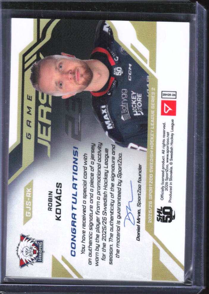2025-26 SportZoo SHL Series 2 #GJS-RK Robin Kovács Game Jersey Signature 06/25 – baksida