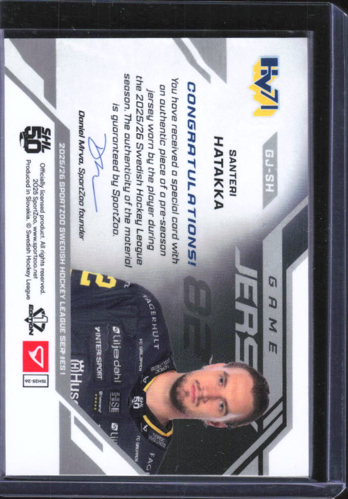 2025-26 SportZoo SHL Series 1 #GJ-SH Santeri Hatakka Game Jersey 14/50 – baksida