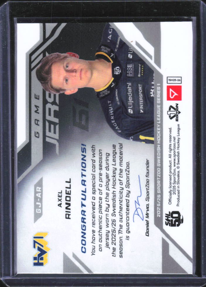 2025-26 SportZoo SHL Series 1 #GJ-AR Axel Rindell Game Jersey 27/50 – baksida