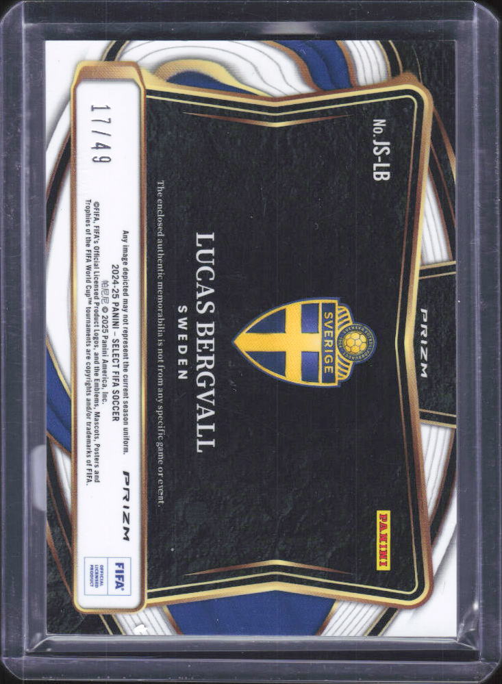 2024-25 Panini Select FIFA #JS-LB Lucas Bergvall Jumbo Swatches Purple Prizm 17/49 – baksida