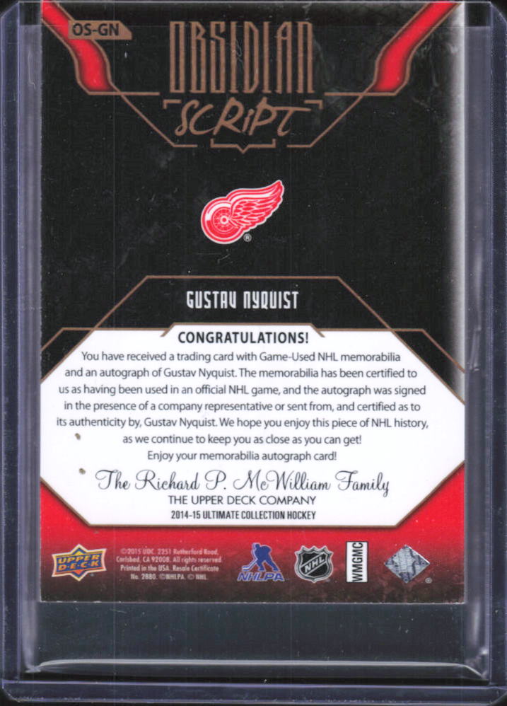 2014-15 Upper Deck Ultimate Collection #OS-GN Gustav Nyquist Obsidian Script Patch 24/25 – baksida