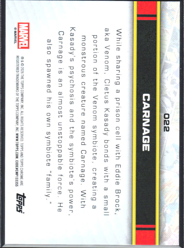 2026 Topps Chrome Marvel Comics #22 Carnage RayWave Refractor – baksida