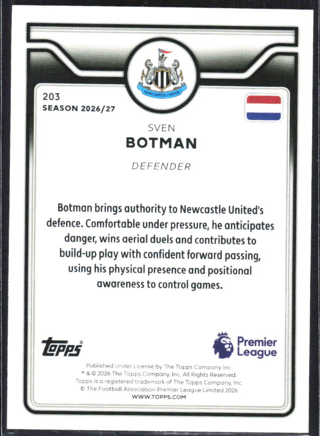 2026-27 Topps Premier League #203 Sven Botman – baksida