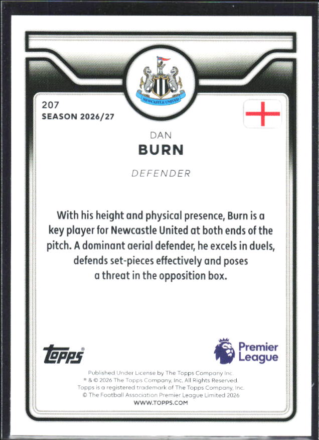 2026-27 Topps Premier League #207 Dan Burn – baksida