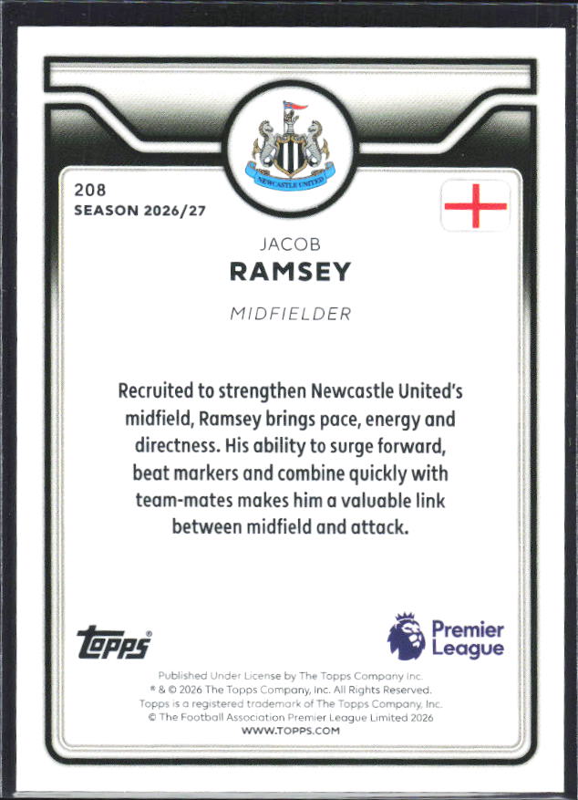 2026-27 Topps Premier League #208 Jacob Ramsey – baksida