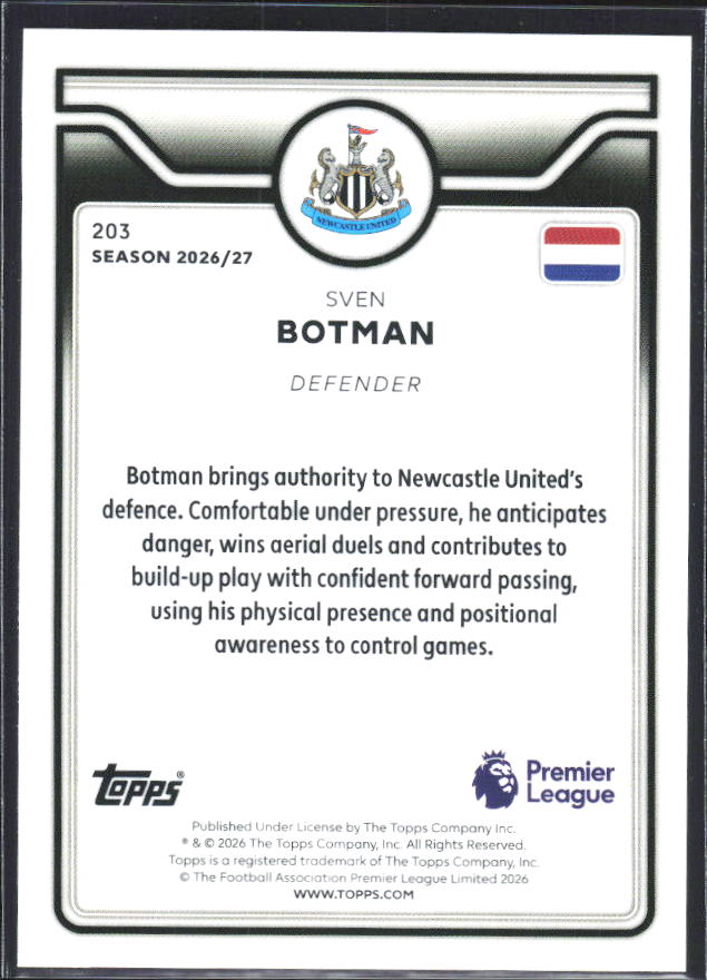 2026-27 Topps Premier League #203 Sven Botman – baksida