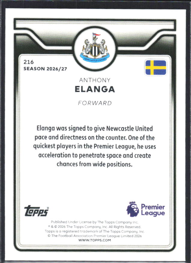 2026-27 Topps Premier League #216 Anthony Elanga – baksida