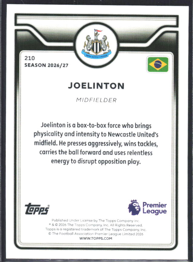2026-27 Topps Premier League #210 Joelinton – baksida
