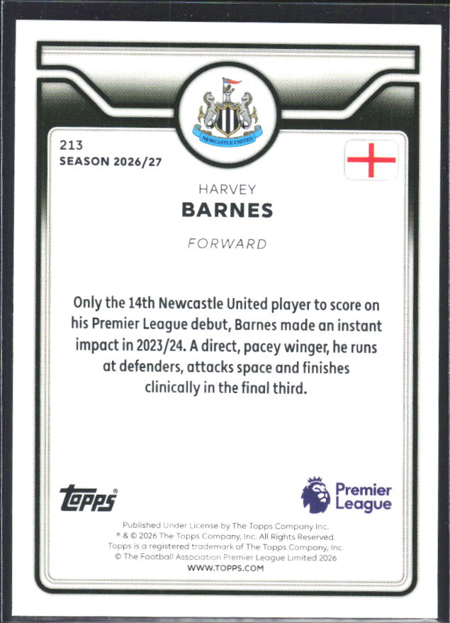 2026-27 Topps Premier League #213 Harvey Barnes – baksida
