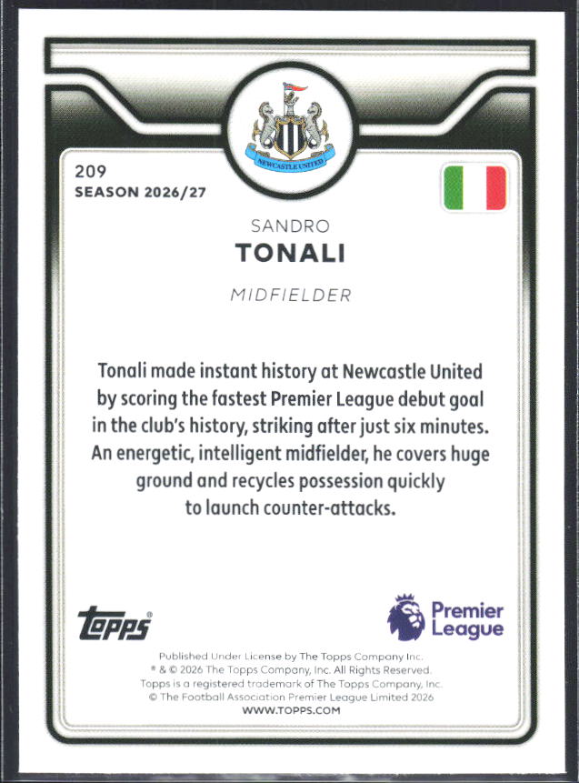2026-27 Topps Premier League #209 Sandro Tonali – baksida