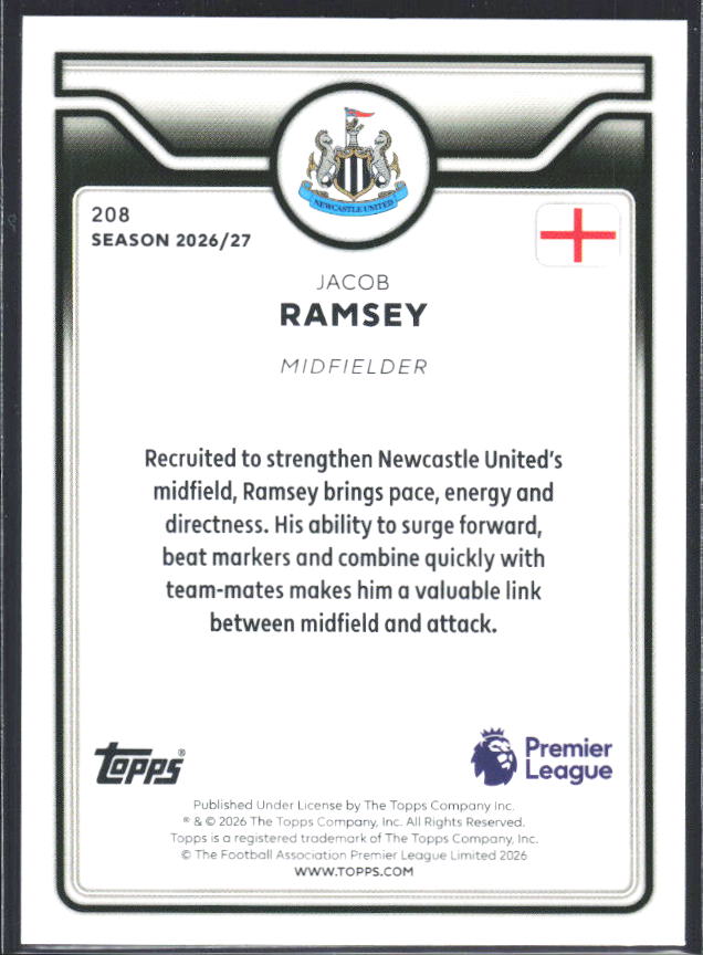 2026-27 Topps Premier League #208 Jacob Ramsey – baksida