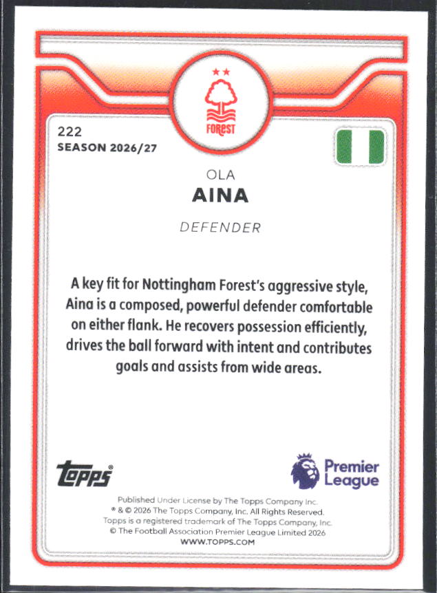 2026-27 Topps Premier League #222 Ola Aina – baksida