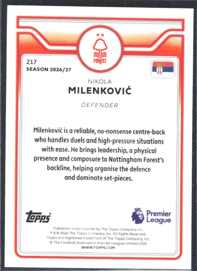 2026-27 Topps Premier League #217 Nikola Milenković – baksida