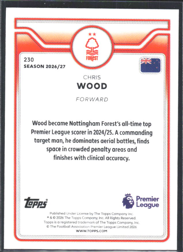 2026-27 Topps Premier League #230 Chris Wood – baksida
