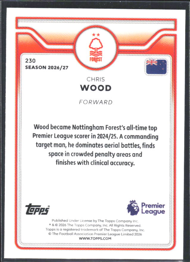 2026-27 Topps Premier League #230 Chris Wood – baksida