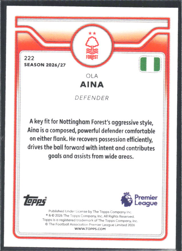 2026-27 Topps Premier League #222 Ola Aina – baksida