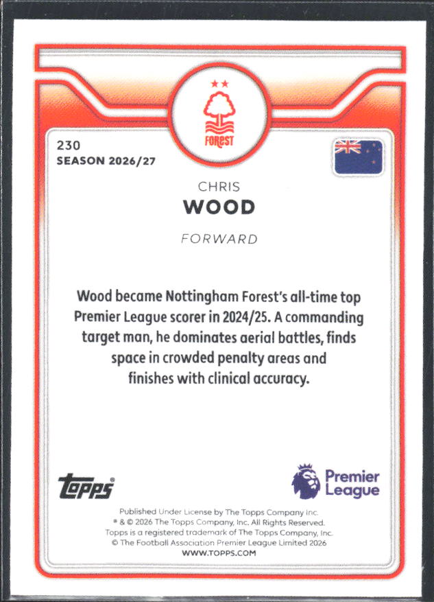 2026-27 Topps Premier League #230 Chris Wood – baksida
