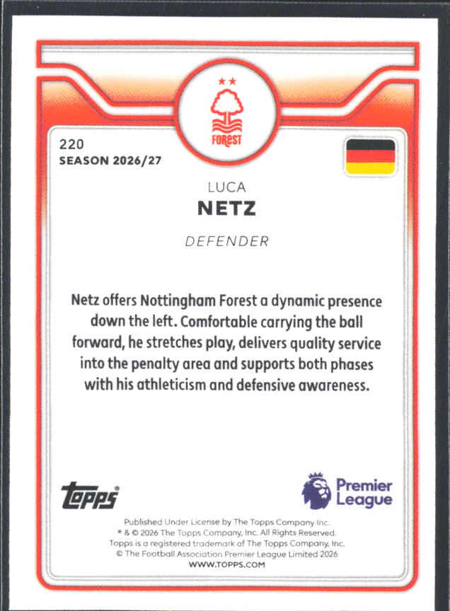 2026-27 Topps Premier League #220 Luca Netz – baksida