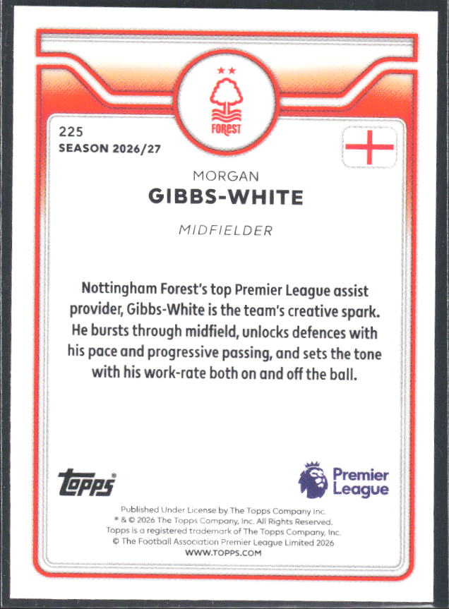 2026-27 Topps Premier League #225 Morgan Gibbs-White – baksida