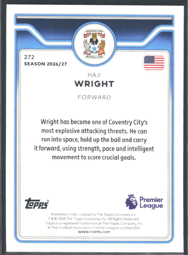 2026-27 Topps Premier League #272 Haji Wright – baksida