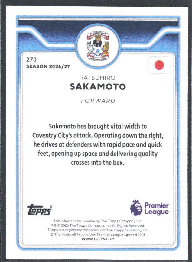 2026-27 Topps Premier League #270 Tatsuhiro Sakamoto – baksida
