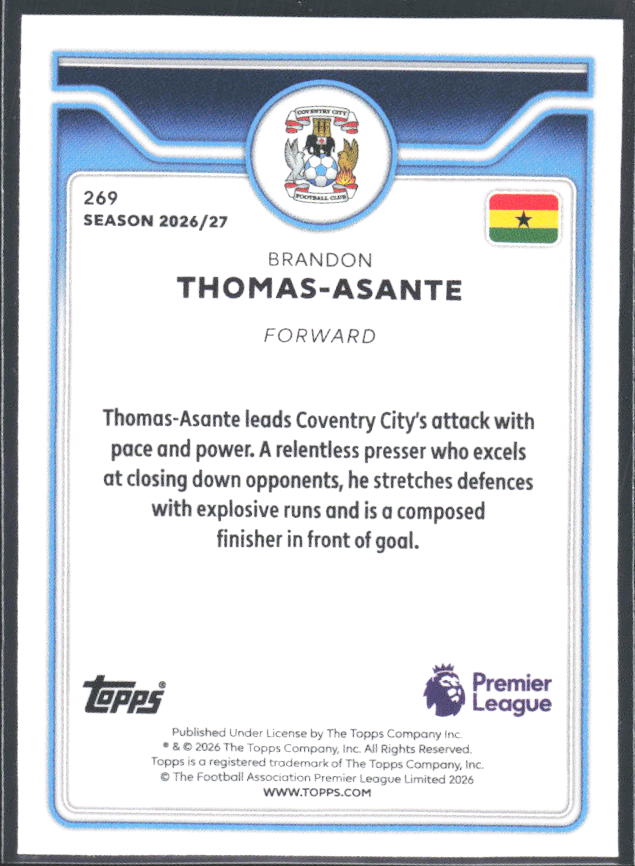 2026-27 Topps Premier League #269 Brandon Thomas-Asante – baksida