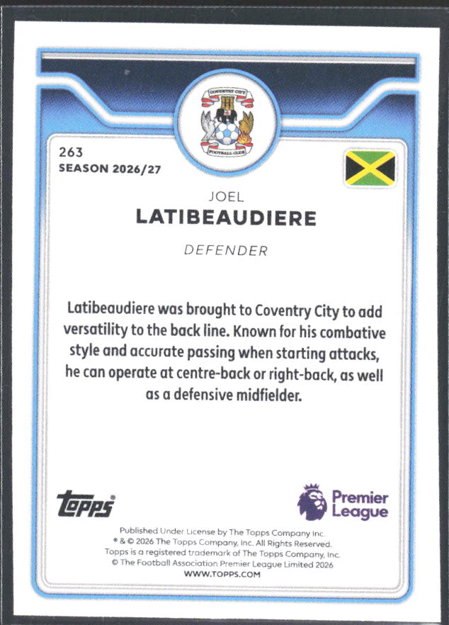 2026-27 Topps Premier League #263 Joel Latibeaudiere – baksida