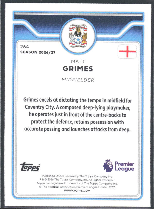 2026-27 Topps Premier League #264 Matt Grimes – baksida