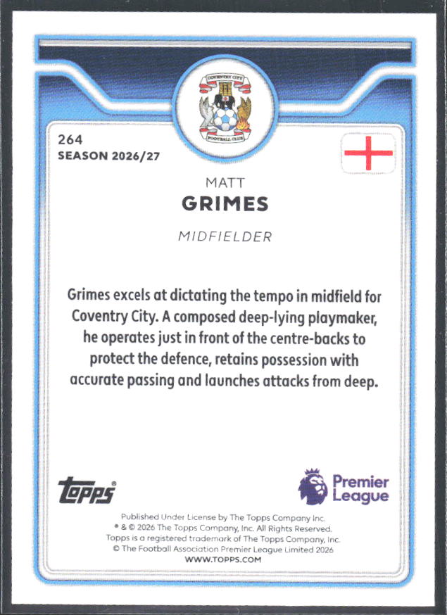 2026-27 Topps Premier League #264 Matt Grimes – baksida