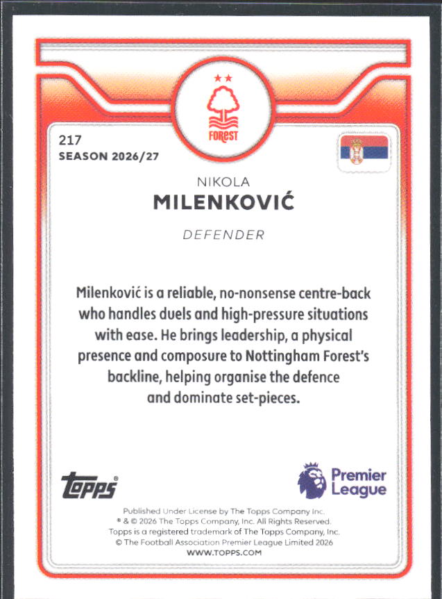 2026-27 Topps Premier League #217 Nikola Milenković – baksida