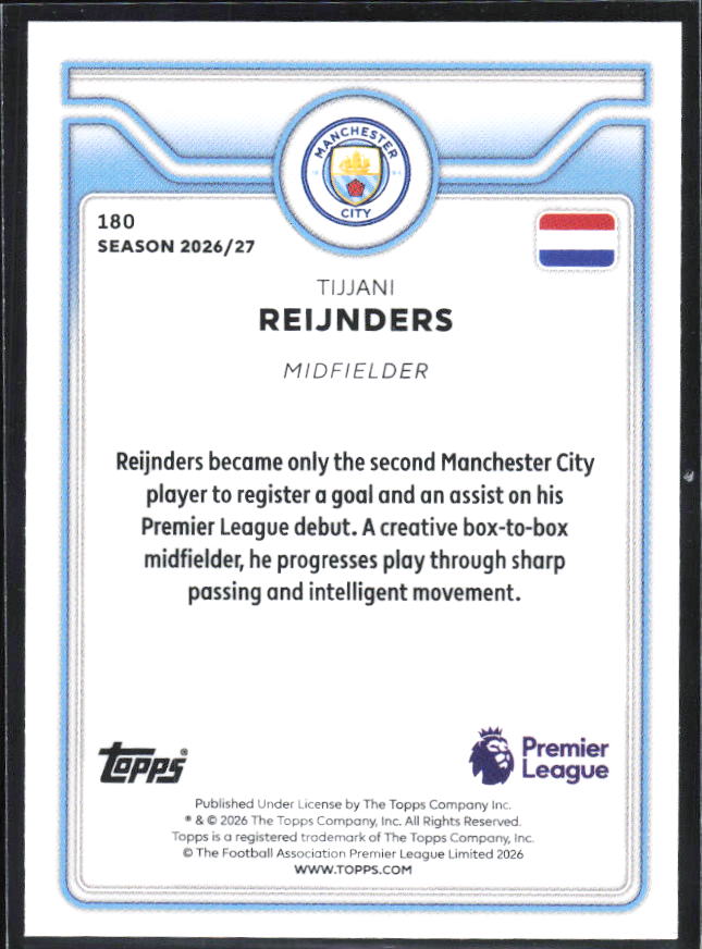2026-27 Topps Premier League #180 Tijjani Reijnders – baksida