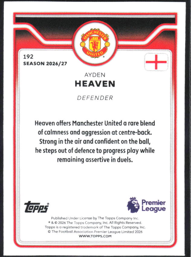 2026-27 Topps Premier League #192 Ayden Heaven – baksida