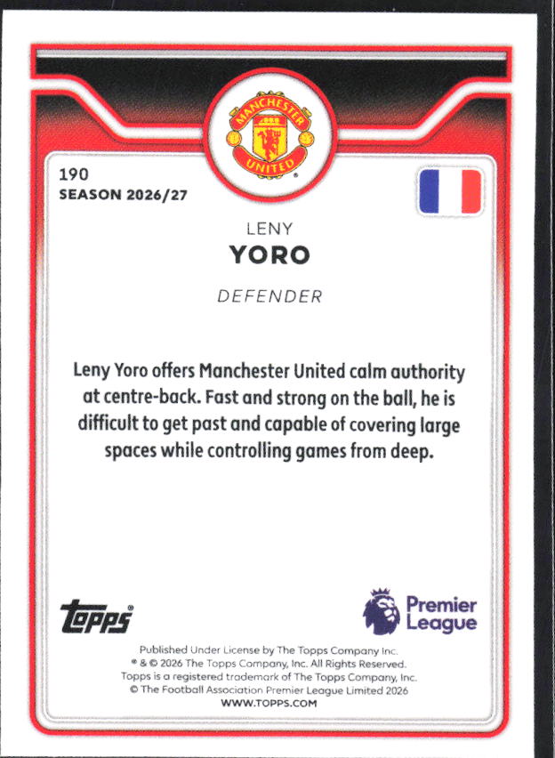 2026-27 Topps Premier League #190 Leny Yoro – baksida