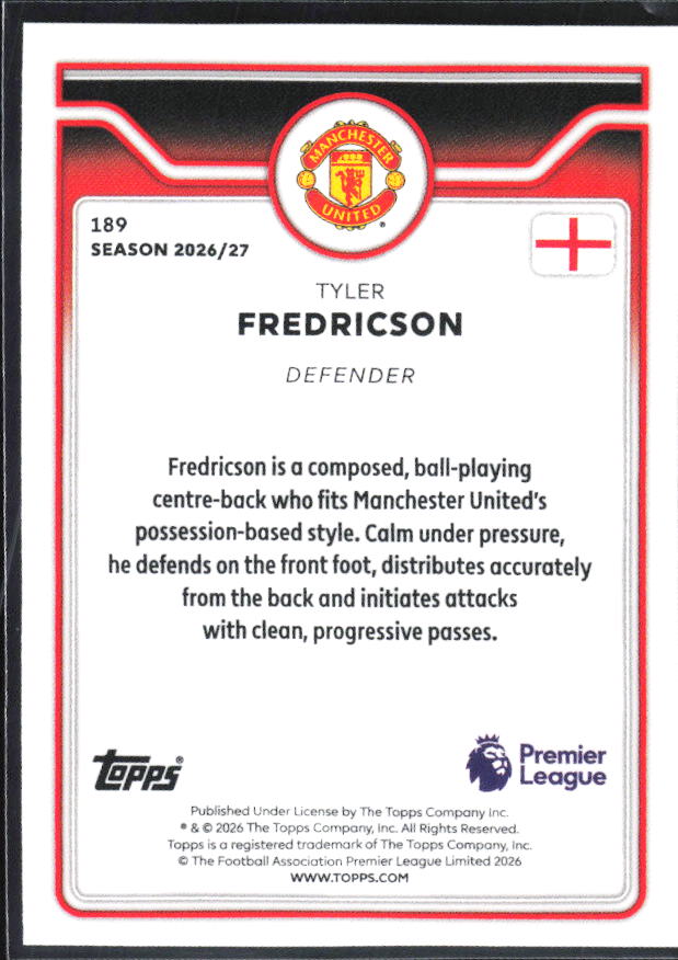 2026-27 Topps Premier League #189 Tyler Fredricson – baksida