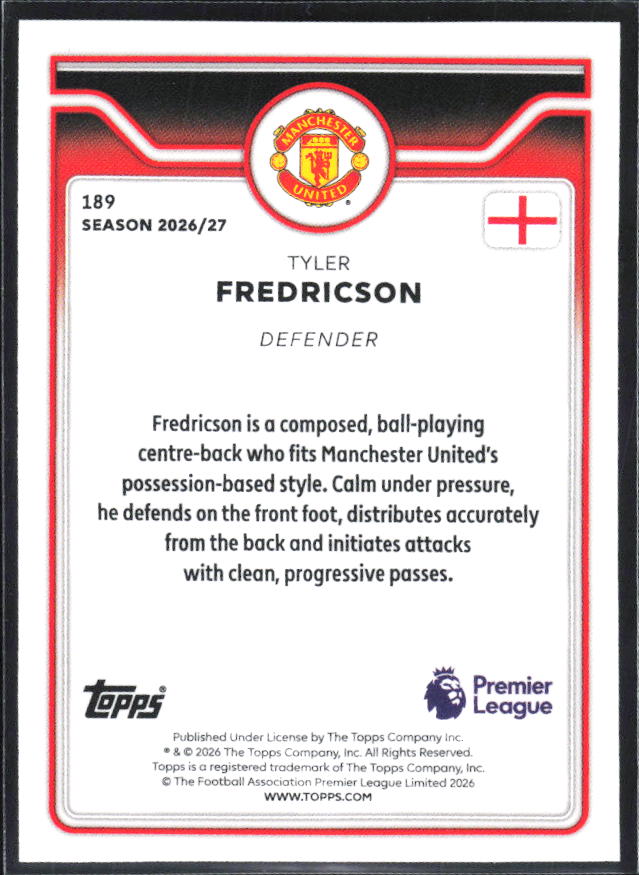 2026-27 Topps Premier League #189 Tyler Fredricson – baksida