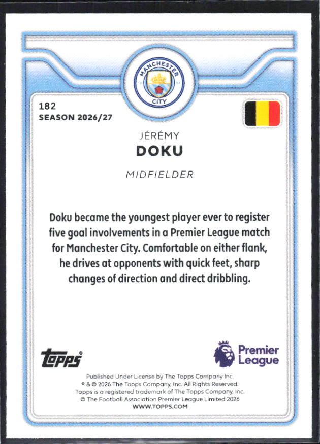 2026-27 Topps Premier League #182 Jérémy Doku – baksida