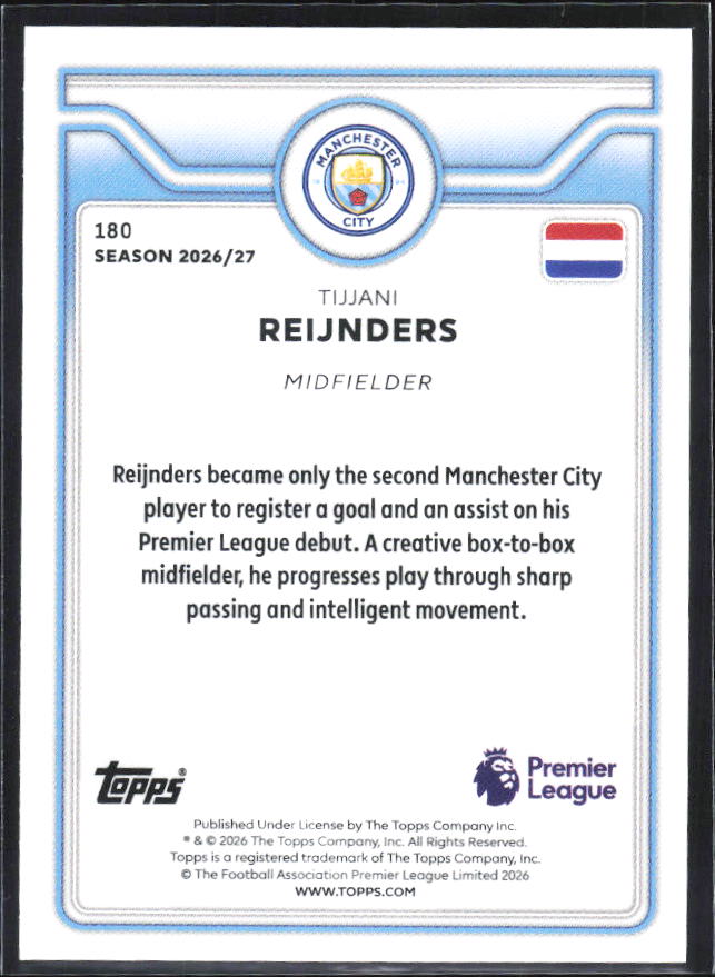 2026-27 Topps Premier League #180 Tijjani Reijnders – baksida