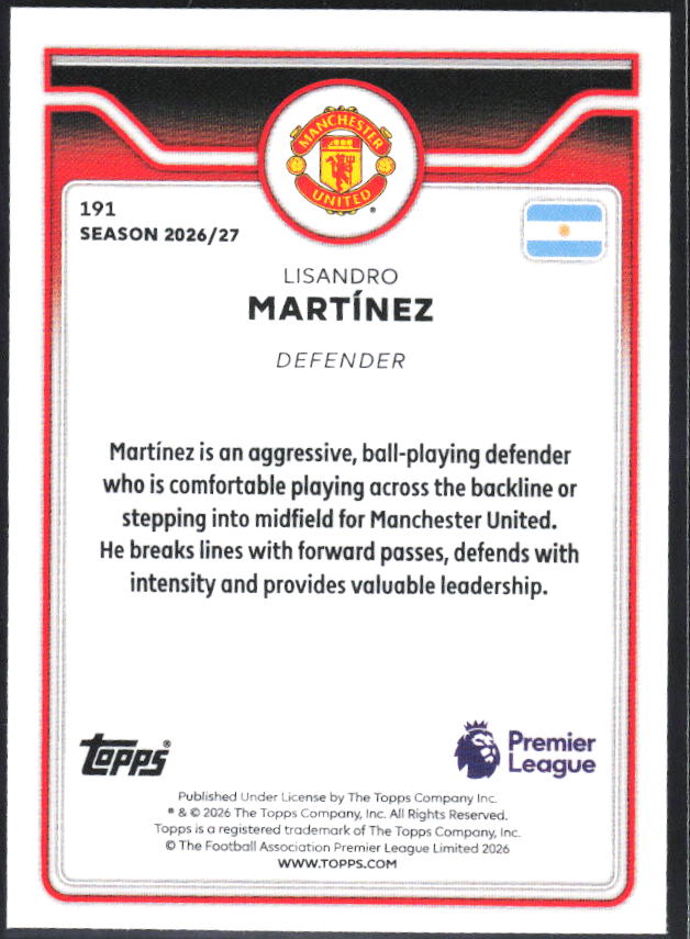 2026-27 Topps Premier League #191 Lisandro Martínez – baksida