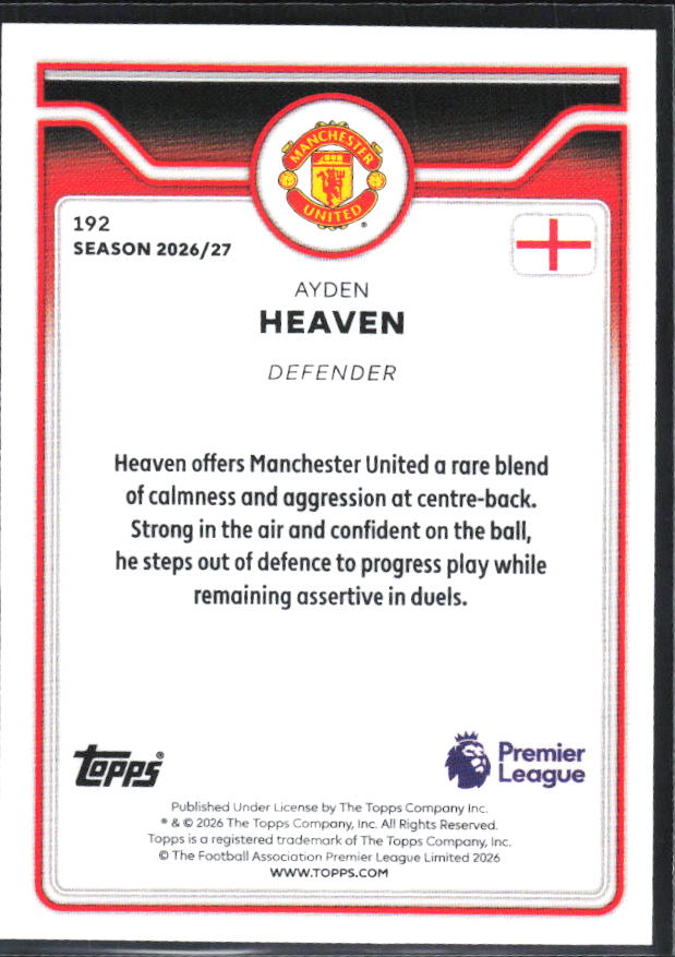 2026-27 Topps Premier League #192 Ayden Heaven – baksida